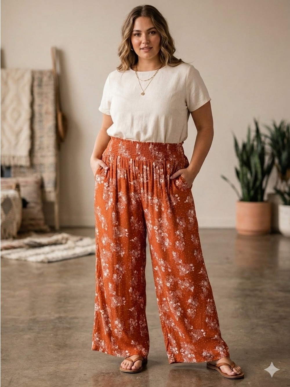 Rayon Wide-Leg High Waist Floral Pants - Rust